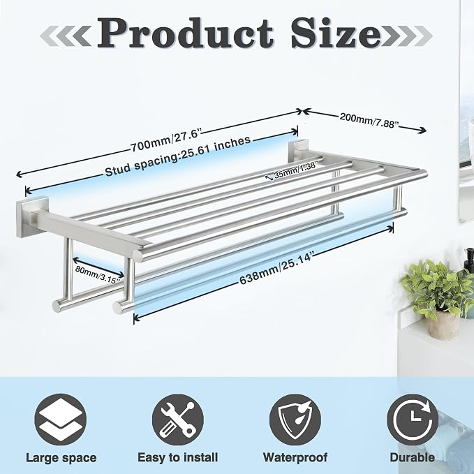 Alise Double Towel Rack for Bathroom Wall Mounted 28 Inch,Brushed Nickel | Bathroom Tower Holder Towel Shelf with Double Towel Bars,SUS304 Stainless Steel Towel Rack with Shelf