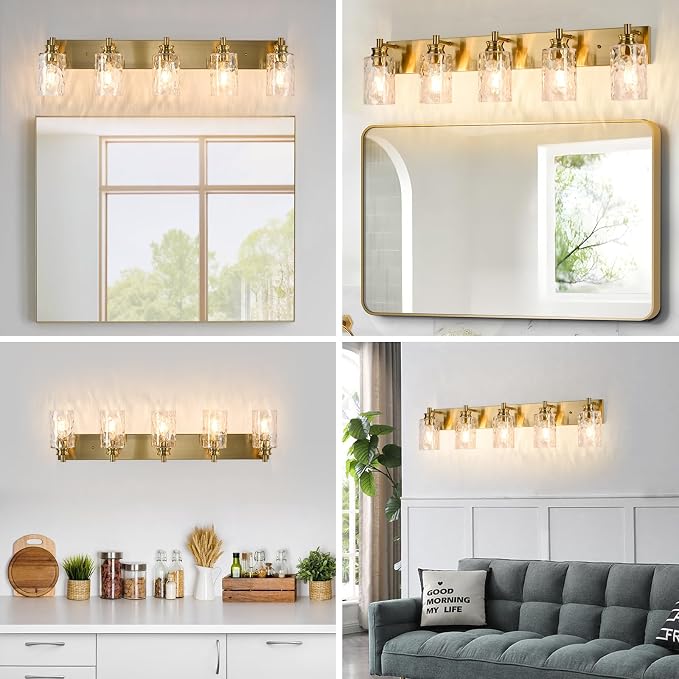 6 Light Bathroom Vanity Light Modern Brushed Gold Bathroom Light Fixtures Over Mirror with Hammered Glass Lampshade for Kitchen Hallway