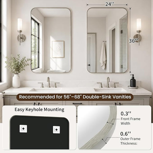 2-Pack 24x36 Inch Brushed Nickel Rounded Rectangle Vanity Mirrors | Double Vanity or Two Bathrooms, Pair or Separate Use, Aluminum Frame, Slim Front Profile, Two-Way Mount