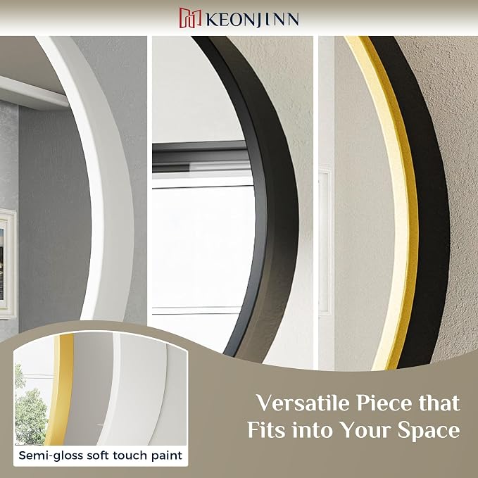 Keonjinn 24 x 24 Inch Round Medicine Cabinets for Bathroom, Wall Mounted | Gold Medicine Cabinets Mirror, Shatter-proof, Rust Resistant, Adjustable Shelves, Smooth Piano Hinge, Magnetic Door Bumpers