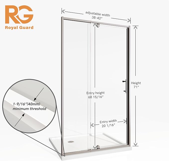 Royal Guard 38-42" W x 71" H Pivot Glass Shower Door,Chrome | Shower Doors with 4-Inch Adjustable Width, 6mm SGCC Tempered Glass, Reversible Installation,Magnetic Closing&Waterproof