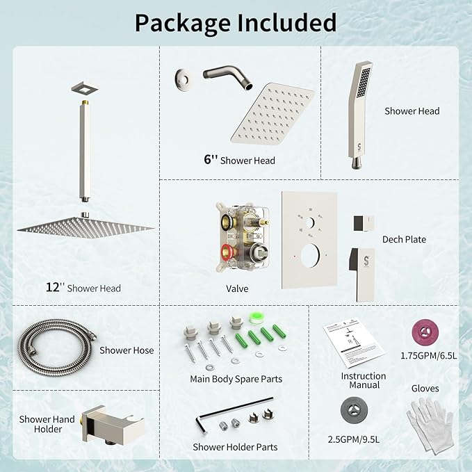 Shower Faucet Set Shower System - SR SUN RISE Brushed Nickel Shower Trim Kit with Dual Shower Head, 12'' Ceiling Rainfall 6'' Wall Mount with Handheld Shower for Couples, Complete 6 Diverter Valve