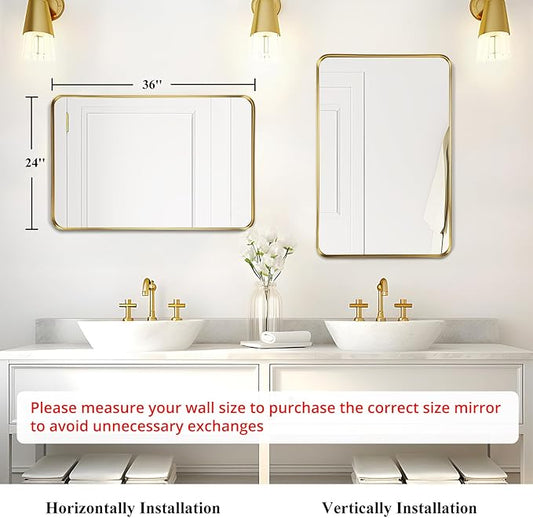 Fabuday Gold Mirror Bathroom Wall - Over Sink 36x24 Inch Rectangle Framed Brushed Mirror, Large Gold Trim Vanity Mirror Hanging for Bedroom, Restroom, Living Room, Entryway Decor