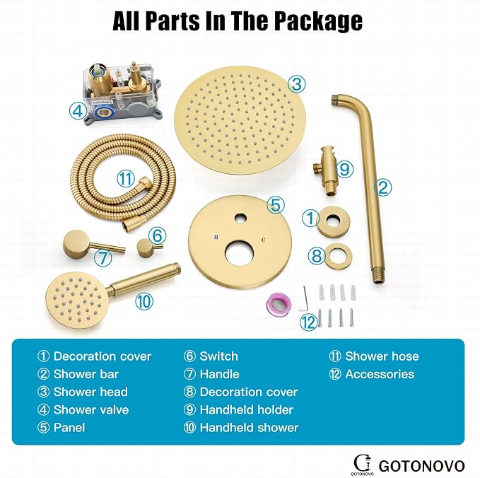 gotonovo High Pressure Shower System Valve and Trim Kit,Brushed Gold | Round Rain 10 Inch Shower Head with Handheld Faucet Set Complete,Rough In Valve,2-in-1 Diverter,All Metal,Bathroom Wall Mount