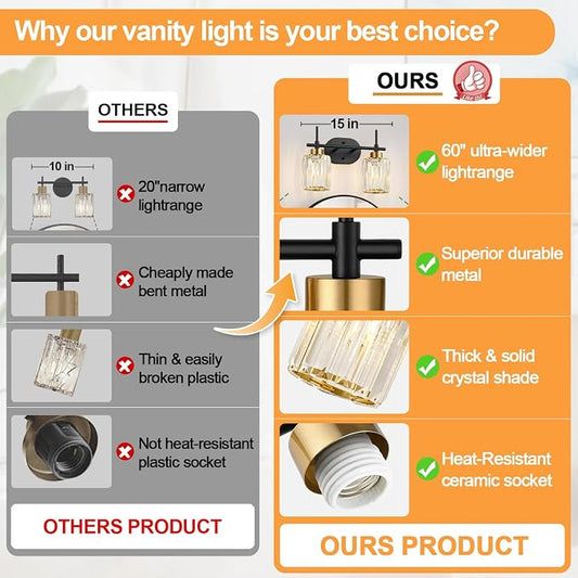 Modern Crystal Bathroom Vanity Light Fixtures, 2-Light Black and Gold Bathroom Wall Sconce Lighting for Over Mirror, Clear K9 Crystal Shades, E26 Base, Bulbs Not Included