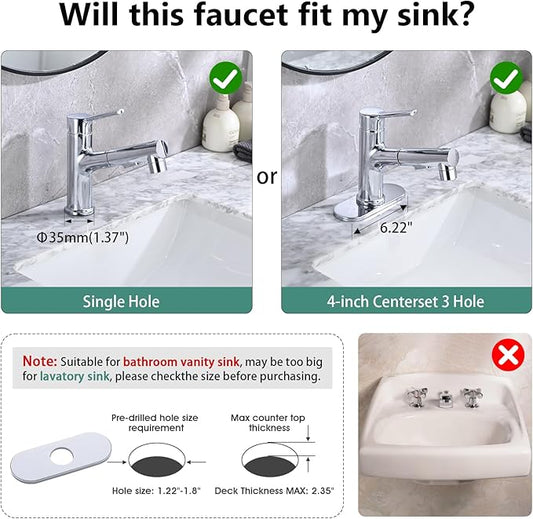 Bathroom Sink Faucet with Pull Out Sprayer, Single Handle Modern Bathroom Basin Faucet with Pop-up Sink Drain Stopper & Deck Plate 1 or 4-inch Centerset 3 Hole, Chrome