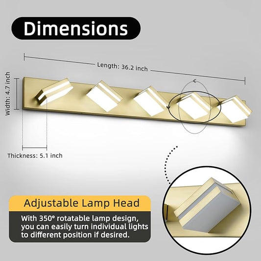 OKELI 5-Light Bathroom Vanity Light Gold Modern LED Vanity Light Over Mirror Dimmable Mirror Front Lamp with 350° Adjustable Lamp Head ETL Listed 32W 6000K Cold White