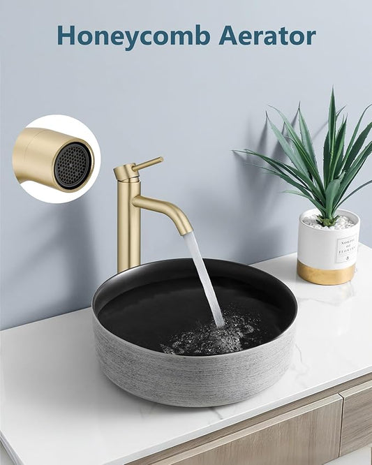 Aolemi Vessel Sink Faucet – SUS304 Stainless Steel Tall Bathroom Faucet,Single Lever Handle,1 Hole Bathroom Faucets with Supply Lines and Pop Up Drain,Brushed Gold