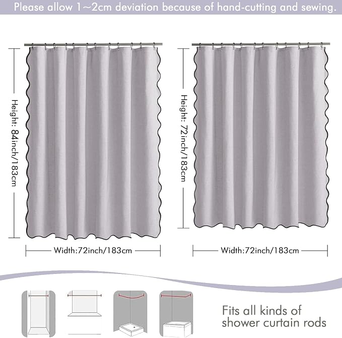 MIULEE 72"x84" Extra Long Scalloped Linen Shower Curtain Lavender | Linen Textured, Waterproof, Washable, 12 Metal Hooks, Heavy Duty Cloth, Black Border, Shower Curtain for Bathroom Bathtub