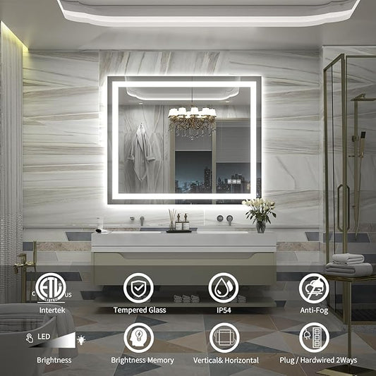 LED Mirror for Bathroom, 48x40 Inch Backlit + Front Lighted Bathroom Vanity Mirror with Lights for Wall, Double Light Strips, 3 Colors, Shatter-Proof, Anti-Fog and Brightness Memory
