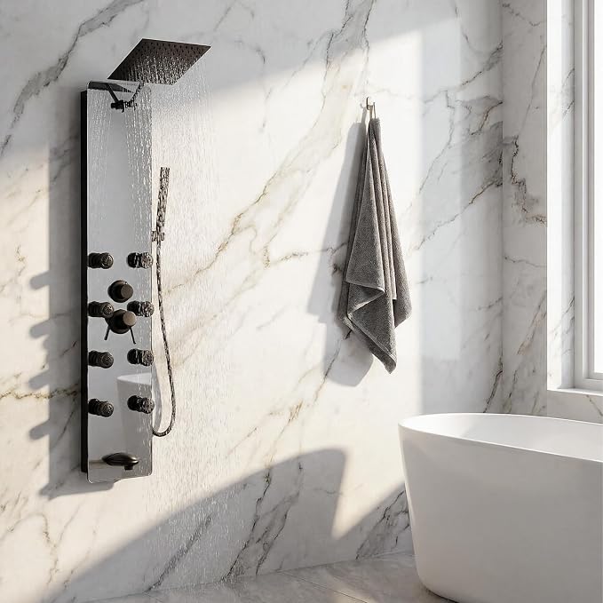 Shower Panel - Adjustable Rainfall Head, Black | Stainless Steel and Glass, Multifunction Shower Panels Tower System, Handheld Shower 2-Setting Body Jets, Tub Spout
