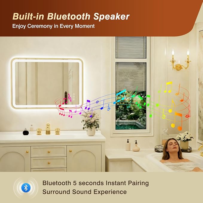 24x32 Inch Gold Framed LED Bathroom Mirror with Lights, Built-in Bluetooth Speaker, Dimmable Lighted Bathroom Vanity Mirror with 3 Colors, Backlit + Frontlit, Memory, Anti-Fog
