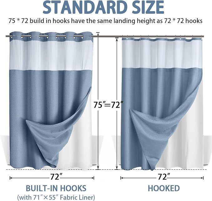 No Hook Shower Curtain with Liner Set Hotel Waffle Sky Blue 72W X 75L | Washable Snap in Fabric Liner, Mesh Top Window, Waffle Hotel Style Shower Curtain Set