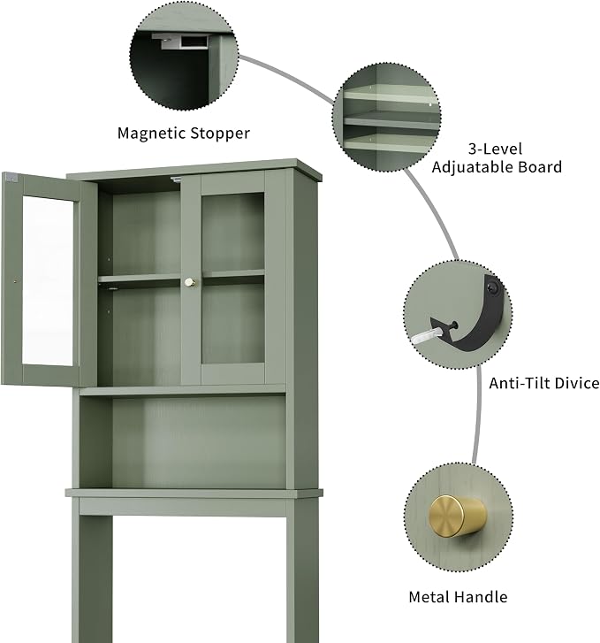 Shintenchi Over the Toilet Storage Cabinet, Bathroom Shelf Organizer with Anti-Tip Device Small Freestanding Space Saver with Adjustable Shelf and Glass Door, Green