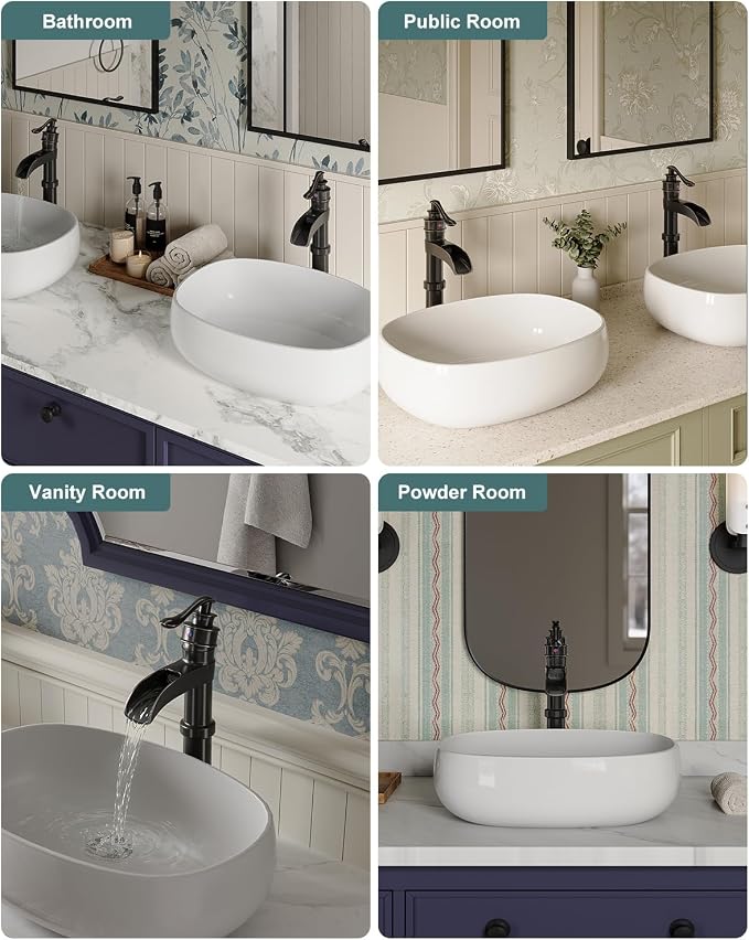 BWE Vessel Sink Faucet Waterfall Tall Oil Rubbed Bronze Bathroom Faucet | Single Hole One Handle Brass Countertop Lavatory Vanity Mixer Tap with Pop Up Drain and Supply Lines for RV Bar No Overflow