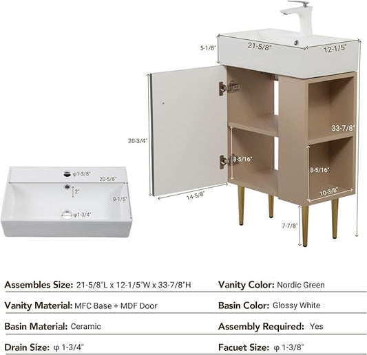 Merax 21.6" Small Bathroom Vanity with Sink Narrow Depth Bathroom Vanities,Wood Vanity Cabinet,Soft Closing Door,Freestanding Sink Cabinet W/Open Side Shelves,Green