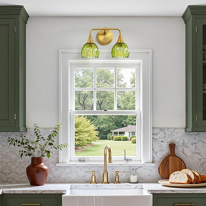 Bathroom Vanity Light Fixtures: 2-Lights Vintage Bathroom Lights Over Mirror with Ribbed Green Tulip Glass Shade - 14 inch Brushed Gold Wall Sconce Bath Lighting