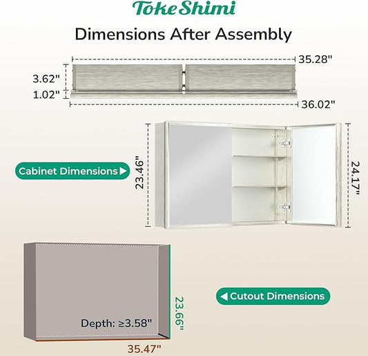TokeShimi 36 x 24 Nickel Recessed Medicine Cabinet, Assembly Required, Bathroom Mirror Medicine Cabinet, Lightweight Aluminum Frame, Stepless Adjustable Shelves, Tempered Glass