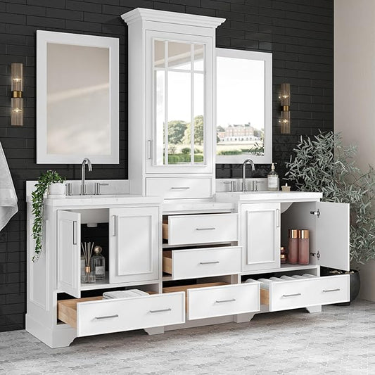 ARIEL Stafford 84-inch Bathroom Vanity with Sink,Solid Wood, 1.5-inch Carrara White Quartz Countertop, Double Rectangular Porcelain Sink, 5 Soft Closing Doors, 6 Dovetail Drawers, White
