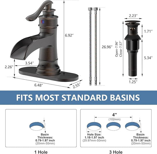 Waterfall Bathroom Faucet Oil Rubbed Bronze Sink with Pop Up Drain Stopper Faucets Single Hole Rustic Vanity Farmhouse Overflow One Handle Bath Black Commercial Assembly by Homevacious
