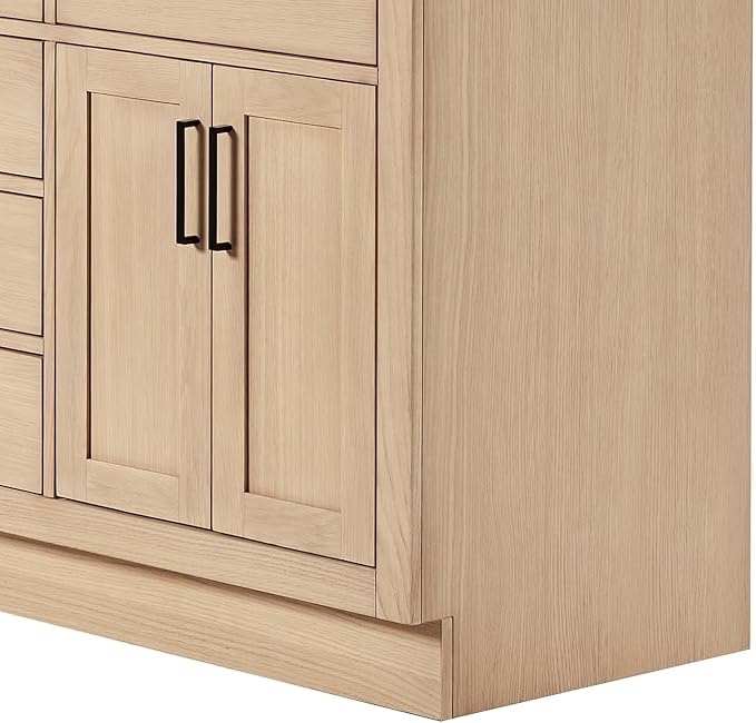 DKB Isabella 60-Inch Oak Double Bathroom Vanity with Sink, Pure White Quartz Countertop 1.5" Edge & 4" Backsplash, Soft Closing Doors & Drawers, Matte Black Hardware