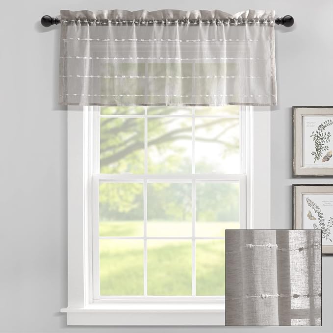 Lush Decor Farmhouse Textured Sheer Window Curtain Valance, 52"W x18"L, Gray