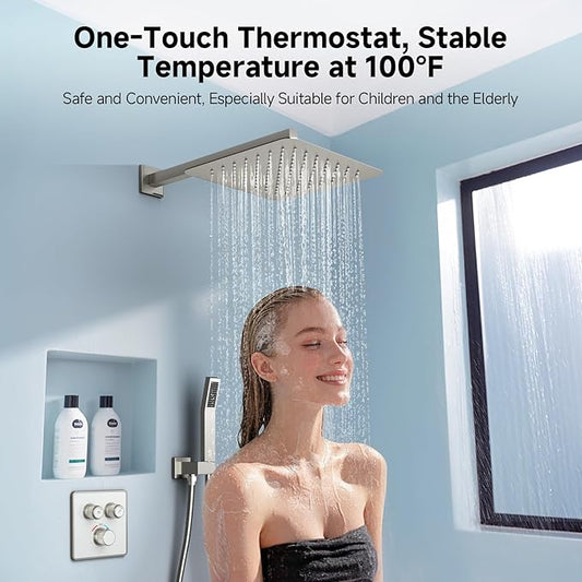SR SUN RISE 100℉ Thermostatic Shower System,12" Luxury Rainfall Shower Head and High-Pressure Handheld Bathroom Shower Faucet Set,Shower Valve and Trim Kit Included (Brushed Nickel)