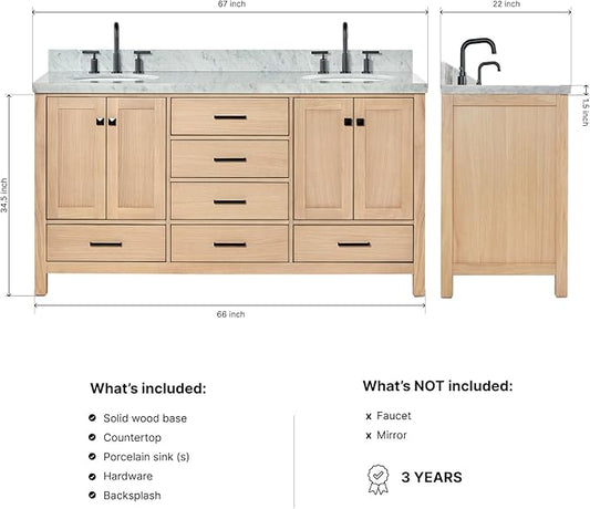 ARIEL Cambridge 66-inch Bathroom Vanity with Sink,Solid Wood, 1.5-inch Italian Carrara Marble Countertop, Double Oval Porcelain Sink, 4 Soft Closing Doors, 6 Dovetail Drawers, White Oak