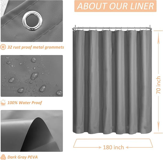 Grey Clawfoot Tub Shower Curtain or Liner with 12 Magnets - Free 36 Hooks Included, Waterproof PEVA, 180" x 70", Dark Gray