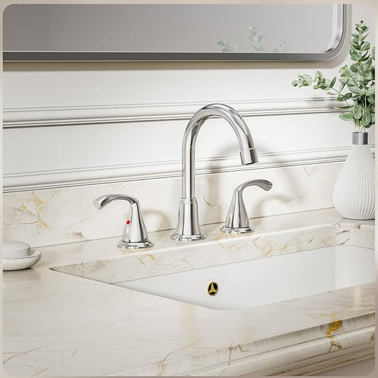 Phiestina 8 Inch Widespread Chrome Bathroom Sink Faucet, 2 Handle 3 Hole Bathroom Faucet with Metal Pop up Drain and Water Supply Lines, WFJC180-C
