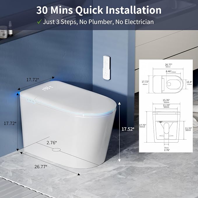 Smart Toilet with Bidet Built in, UV Self-Clean Nozzle, Auto Open Close | 1000g MaP, Dual User Memory Mode, Heated Seat, Instant Warm Water, Dry, Night Light, ADA Elongated Tankless Toilet, 1.28 GPF