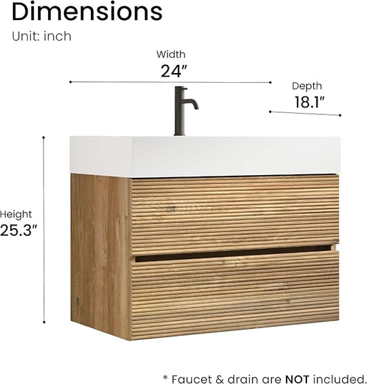 24 Inch Floating Bathroom Vanity with Sink, Modern Floating Bathroom Cabinet with 2 Soft-Closing Drawers, Large Storage for Powder Room, Apartment, Hotel, Rough Oak Finish, Fir Collection