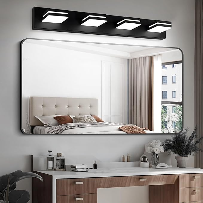 4 Light Bathroom Vanity Light Matte Black Modern 32W LED Dimmable Vanity Light Over Mirror 350° Adjustable Lamp Head Cold White 6000K ETL Listed 30Inch