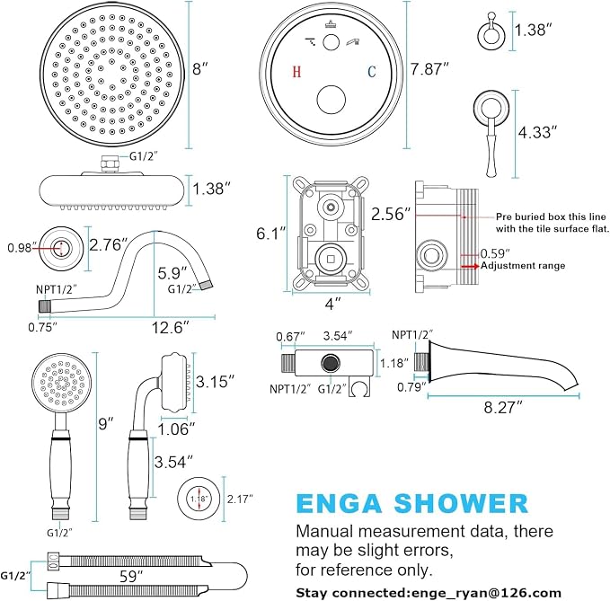 Enga Brushed Gold Antique Brass Tub Shower Faucet Fixture Shower System, 8inch Wall Mount Rain Shower with Spout and Hand Spray