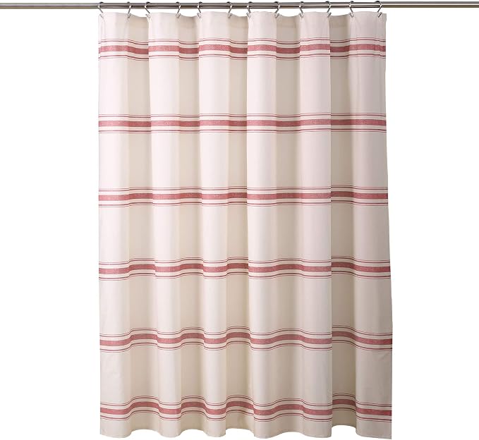 Lush Decor Farmhouse Stripe Cotton Shower Curtain, 72" W x 72" L, Red - Striped Bathroom Curtain - Fabric Shower Curtains - Farmhouse Bathroom Decor