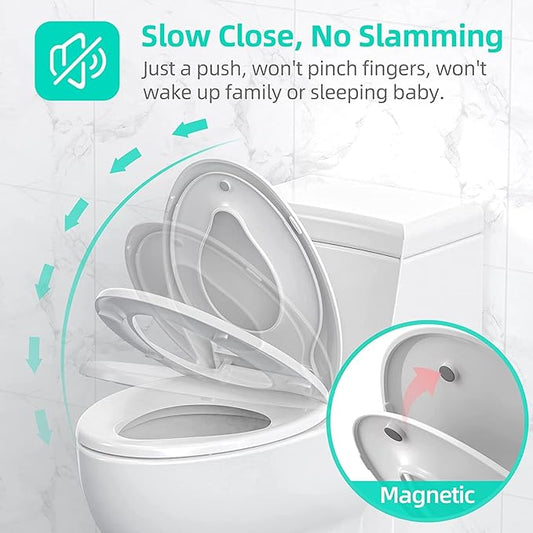 Elongated Toilet Seat Adult/Child,Built-In Potty Training Seat, Soft Quiet Close Non-Slip Seat, Easy to Install & Clean,Magnetic Kids Seat and Cover for Elongated Oval Toilets,White