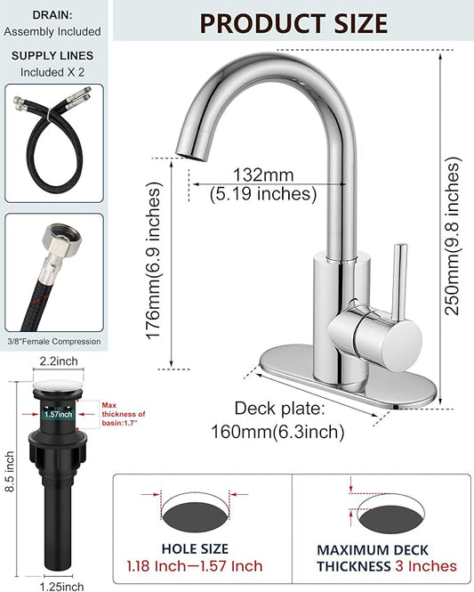 Midanya Single Hole Bathroom Faucet 1 Hole Bar Sink Faucet Suitable for Kitchen RV Vanity,304 Stainless Steel 360° Swivel Spout with Deck Plate and Pop-up Drain,Polish Chrome