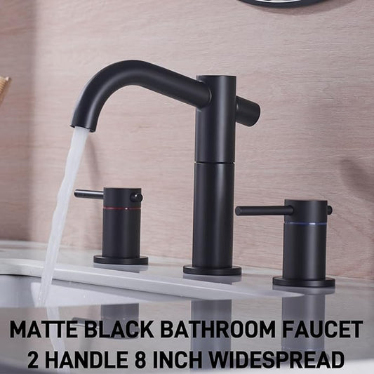 Black Bathroom Faucet 3-Hole, 2-Handle 8 Inch Widespread Matte Black Bathroom Sink Faucet with 360° Swivel Crossing Spout, with Metal Overflow Drain & cUPC Waterline