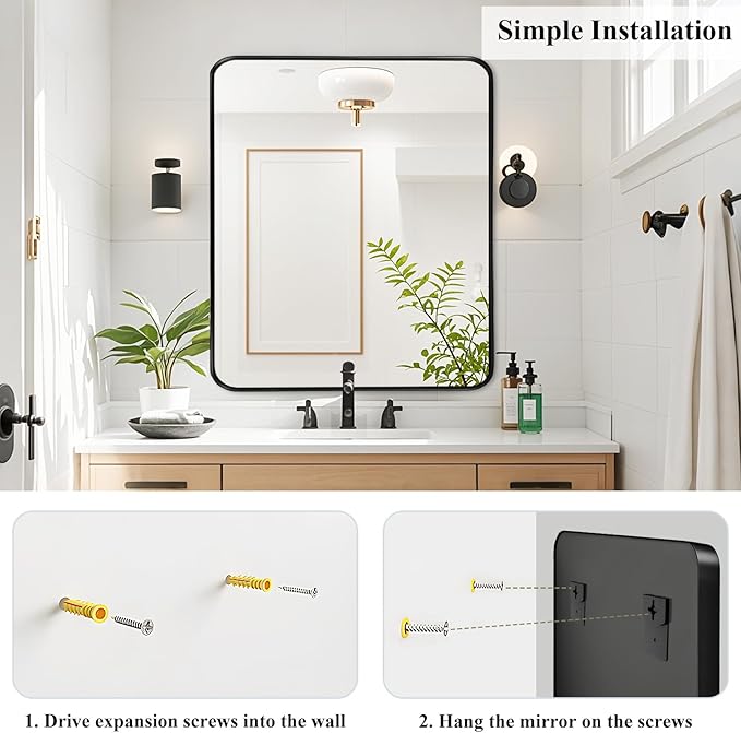 Fabuday Bathroom Mirror Wall Mounted - 26x28 Inch Framed Balck Mirrors for Bathroom Over Sink with Rectangle Frame, Black Matte Frame Vanity Mirrors for Bedroom, Restroom, Farmhouse, Entryway Decor