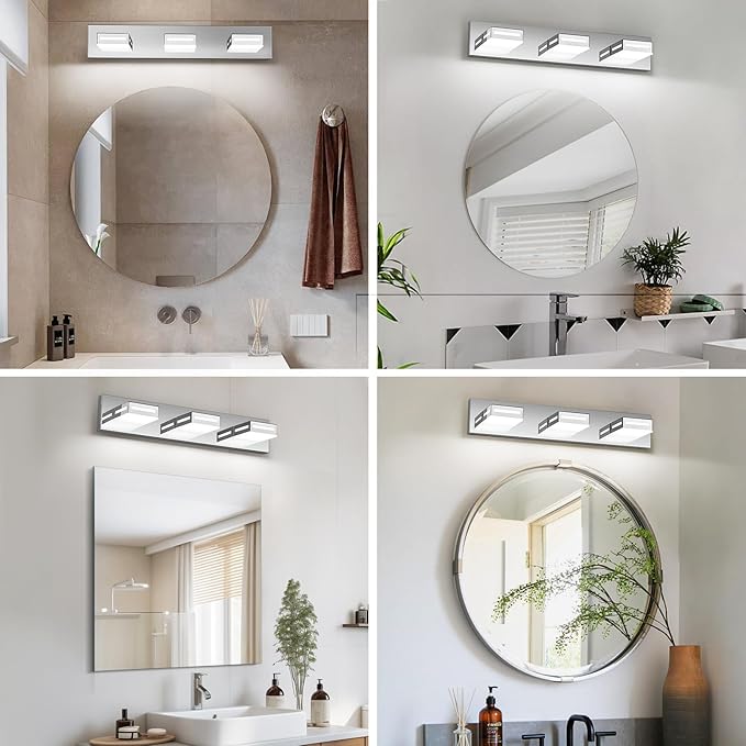 LED Modern Bathroom Light Fixtures, 3-Light 24-Inch Chrome Vanity Lights for Bathroom Lighting Fixtures Over Mirror, 350° Rotatable Acrylic, 6000K Cool White Wall Lamp