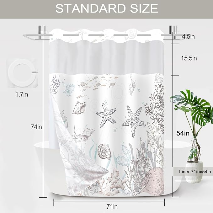 No Hook Shower Curtain and Liner Set, Brown Beach Coastal 71x74 | Nautical Ocean for Bathroom, with Snap in Liner Replacement, Mesh Top Window, Waterproof, Machine Washable, Quick-Drying