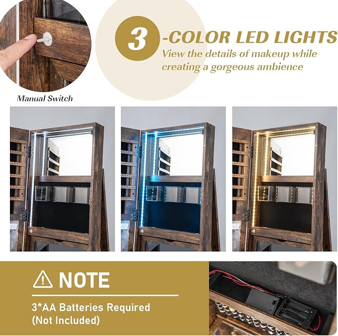 MAT EXPERT 360° Rotating Jewelry Armoire, Lockable Freestanding Jewelry Organizer w/Full-length Mirror, 3-Color LED Lights, Rear Storage Shelves, Mirror Jewelry Cabinet for Bedroom (Brown)