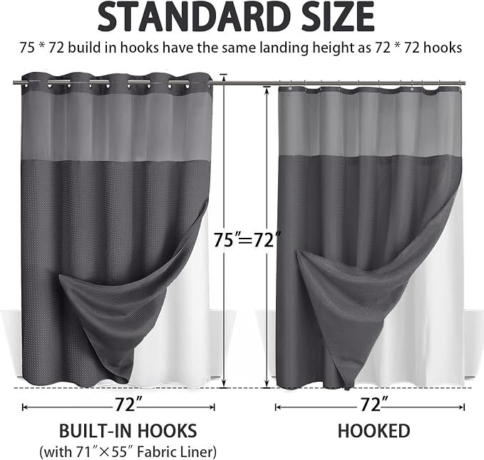 No Hook Shower Curtain and Liner Set,Dark Grey Hotel Waffle Shower Curtain with Liner 75" L x 72" W