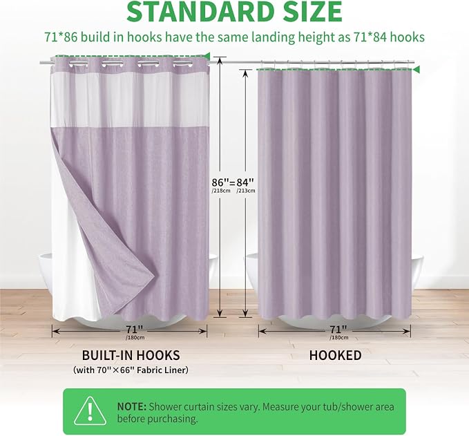 eachope No Hook Fabric Shower Curtain with Snap-in Liner,71x86 Lavender | Extra Long,Linen Texture,230GSM Thick Fabric,Mesh Window,Bottom Magnetic,Waterproof & Machine Washable,for Bathroom,Hotel Use