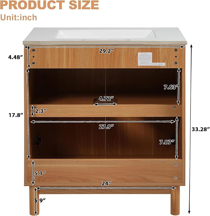 30″ Bathroom Vanity with Ceramic Sink, Modern Bathroom Vanity Cabinet with 2 Doors, Freestanding Mid-Century Restroom Sink Cabinet Combo with U-Shaped Adjustable Shelf (30")