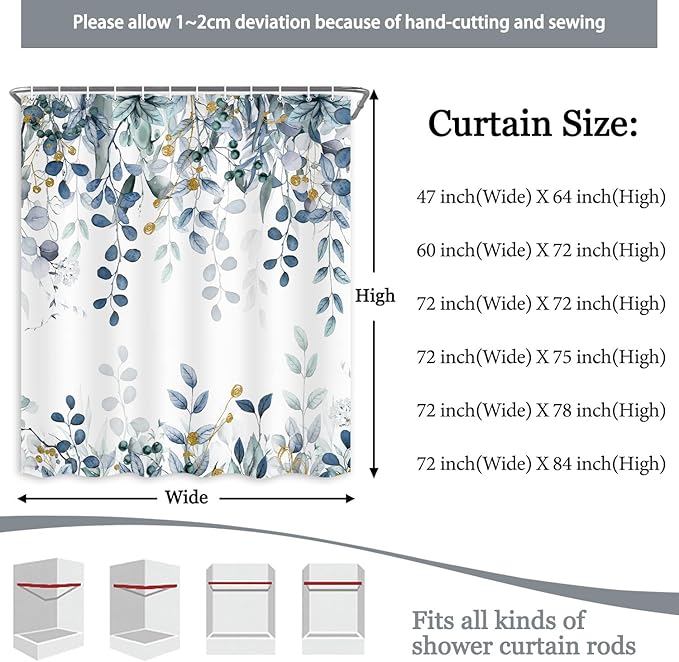 Small Stall Eucalyptus Shower Curtain, Blue Watercolor Plants Leaves Bathroom Decor, Cottagecore Botanical Foliage Waterproof Fabric Cloth Narrow Shower Curtain with Hooks 47X64 Inch
