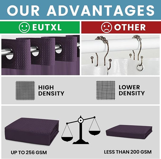EUTXL Heavyweight Waffle No Hook Shower Curtain with Liner, Purple, 71x74 | Snap in Liner, 256GSM, Thick, Hotel Luxury Spa, Waterproof Fabric, Corner Magnets, 3 in 1 Set, Washable, Hang in Seconds