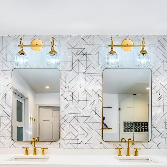 CVKASH 2-Light Bathroom Vanity Light Fixtures Over Mirror,Brushed Gold Modern Vanity Light with Glass Shade Vintage Wall Sconce for Bedroom Dressing Room Living Room Hallway Cabinet