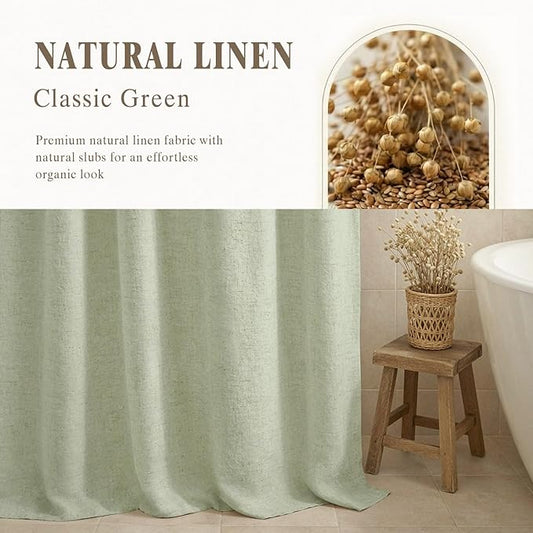 Linen Shower Curtain Flax Green, Fabric Boho Farmhouse Shower Curtains for Bathroom Cotton Natural Cloth Liner Set 72" W x 78" L