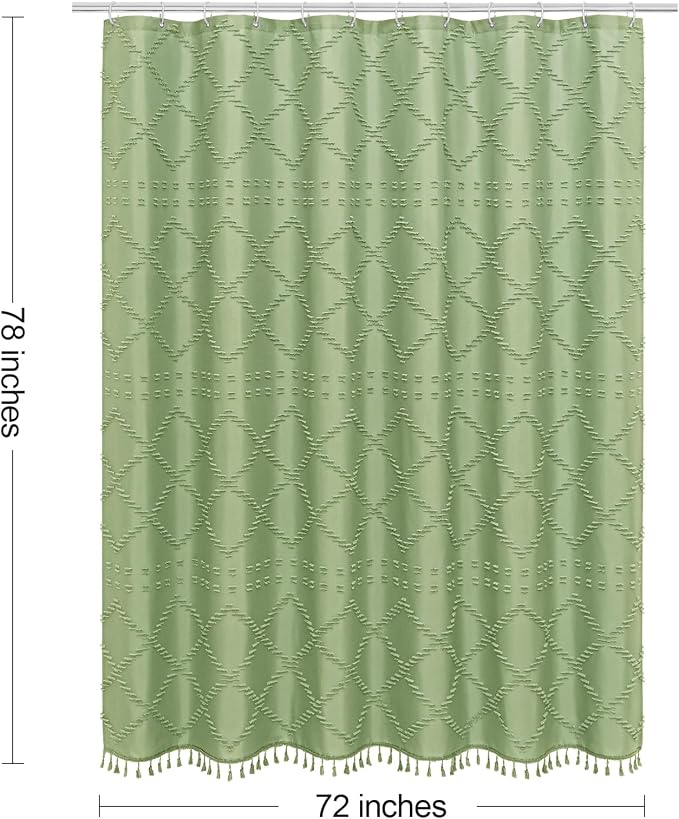 Sage Boho Woven Fabric Shower Curtain with Tassel 72 x 78, Tufted Textured | Modern Farmhouse Curtain for Bathroom, Long Bathroom Curtain, Minimalist Decor, Waterproof